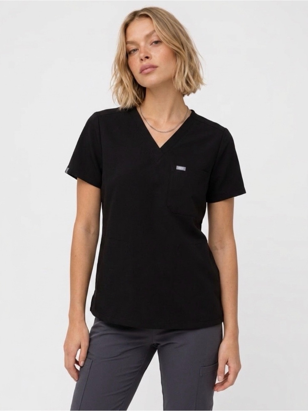 FIGS Black V-Neck Top with Chest, Side Pockets  Size L